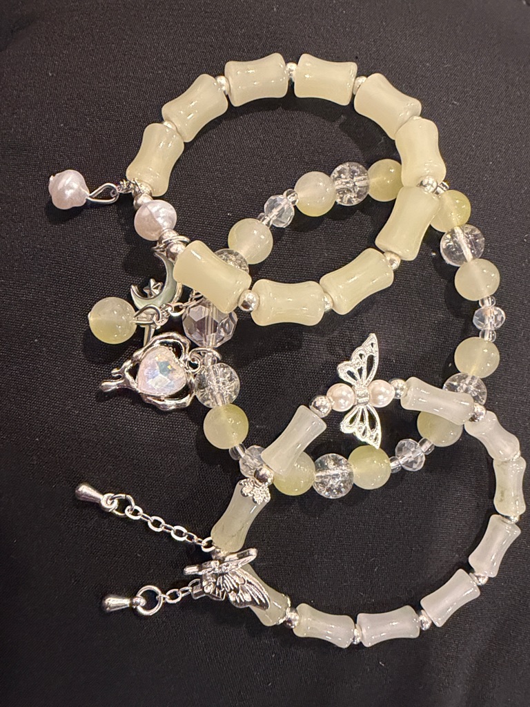 Butterfly Charm Cream Bead Stretch Bracelet Set